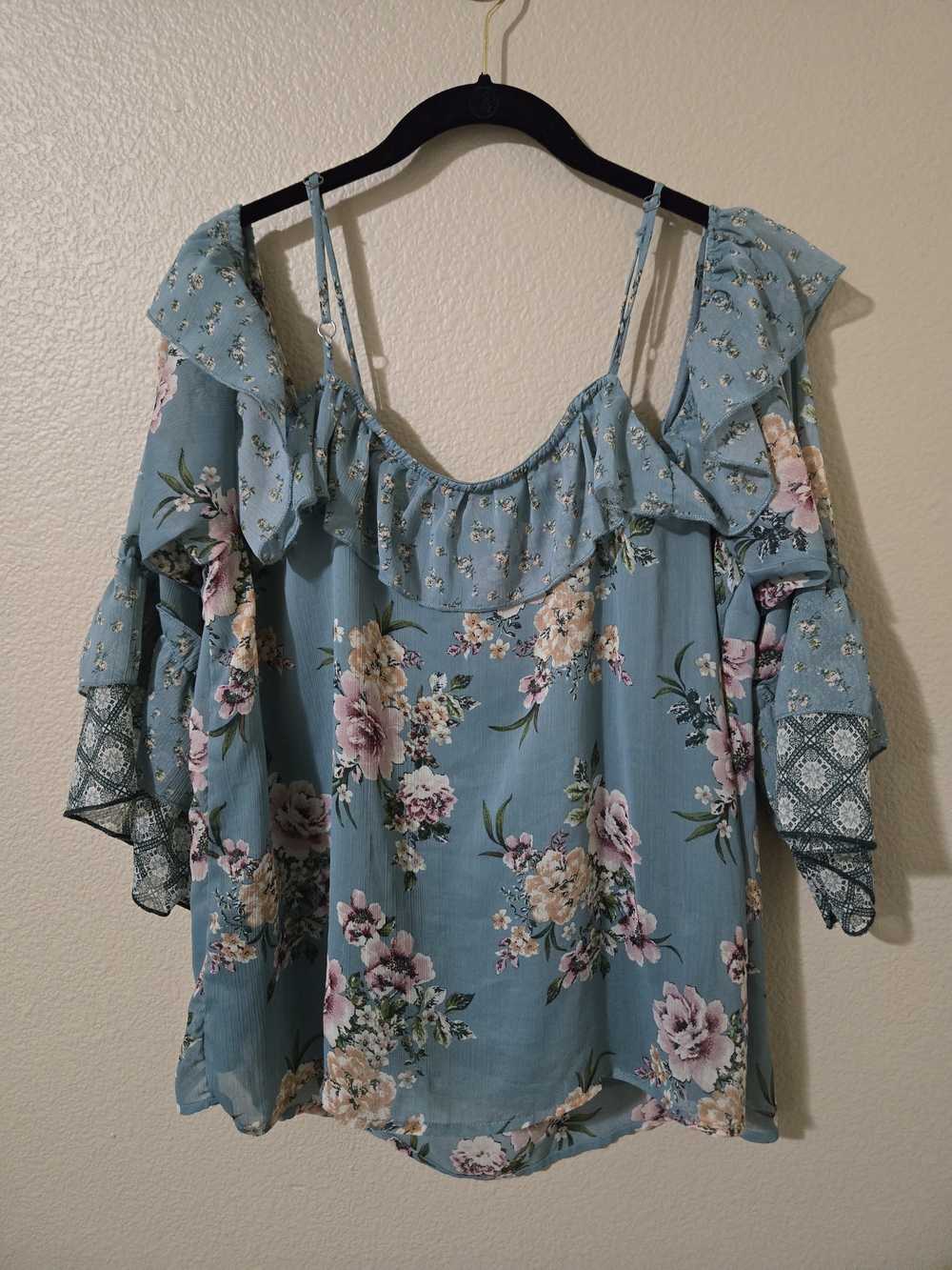 Xhilaration Teal Floral Fairy Whimsygoth Ruffle Blouse Plus Size 2xl